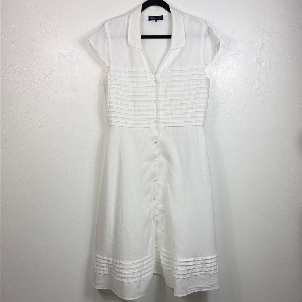 Jones New York Linen White Button Front Dress Pintuck Detail Size 14 - Picture 2 of 8